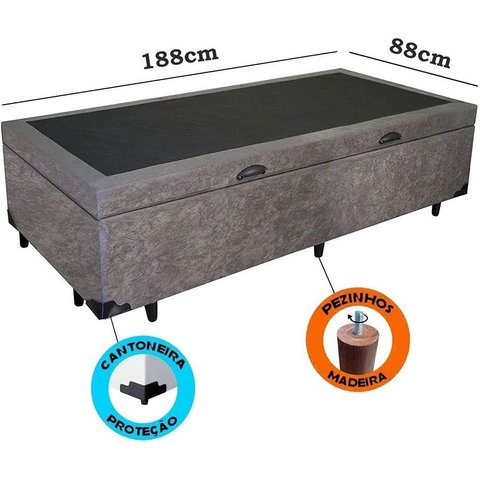 Cama Box Baú Solteiro Suede Cinza com Pistões a Gás