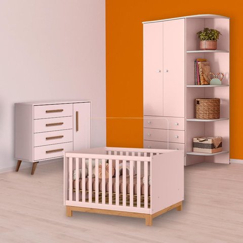Conjunto Berço Mini Cama Slim, Cômoda Sapateira Retrô e Guarda Roupa Rosa