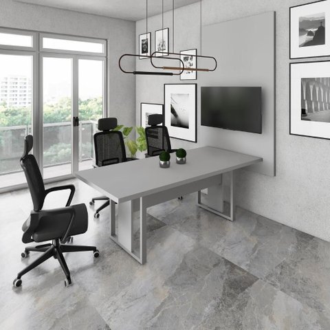 Mesa de Reunião com Painel de TV para Escritório F5 Industrial MDP 200cm Cinza F5 Office
