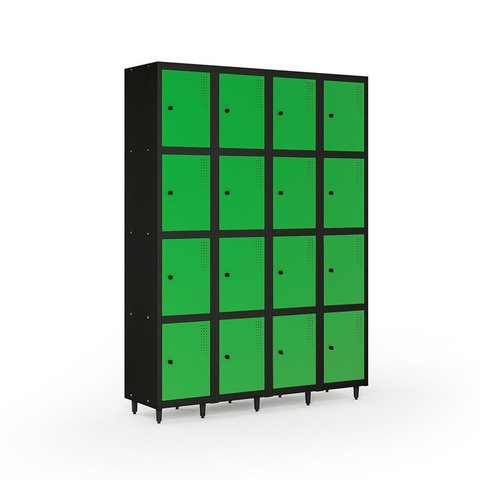 Armário Roupeiro Locker Guarda-Volume de Aço 16 Portas Pequenas com Fecho para Cadeado Vestiário Verde/Preto
