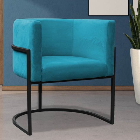 Poltrona Reforçadas Decorativa Sala de Estar Carla Base Ferro Preta Suede Azul Tifany