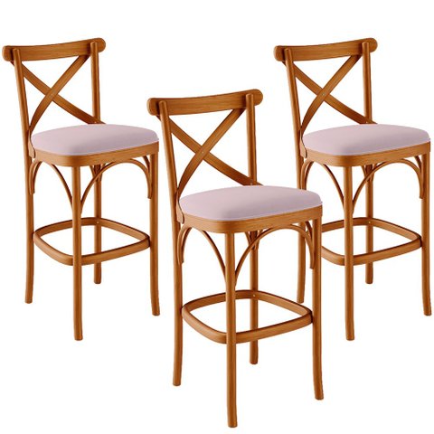 Kit 03 Banquetas Altas Cozinha Bancada Bar Sala de Jantar Estofada Ávila L02 Suede Rosê - Lyam Lyam 