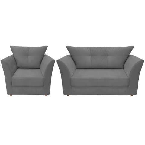 Kit Namoradeira + 1 Poltrona Decorativa Isis Suede Cinza Pés Madeira Ms Decor