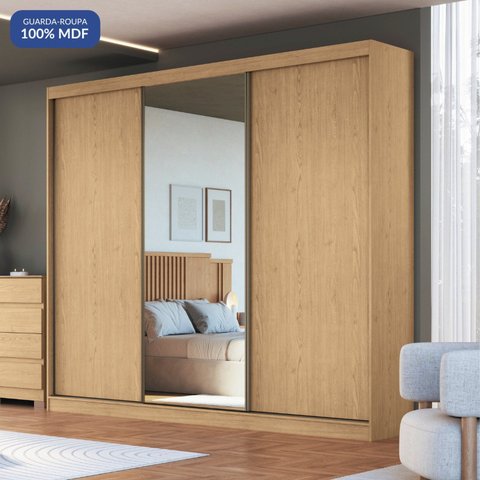 Guarda-Roupa 3 Portas de Correr 4 Gavetas com 1 Espelho 100% MDF Imperial New Marrom/Angelin/Duna