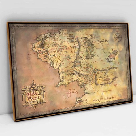 Quadro Decorativo Mapa Senhor dos Anéis em tela Canvas TaColado Moldura Flutuante 4,5cm Freijó 80 x 