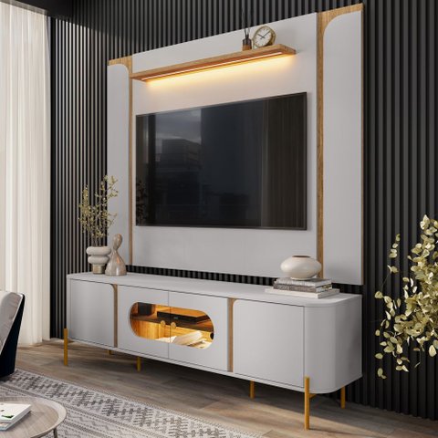 Rack para Sala Orgânico Suy com Painel para Tv 75 Pol Maresca B02 Off White Cinamomo - Lyam Decor