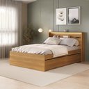 Ver imagem 1 de Cama Queen 4 Gavetas e Cabeceira Nicho com LED MDF Aurora Yescasa Marrom/Carvalho Hanover