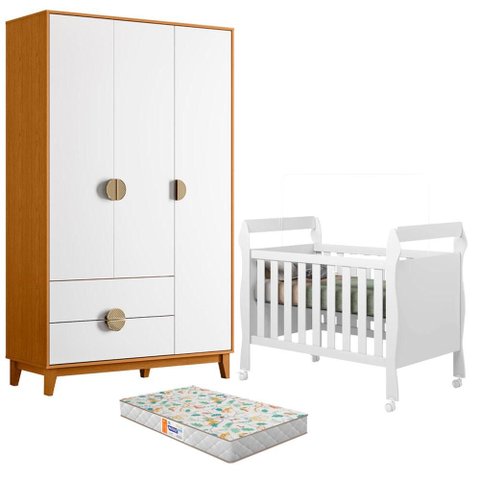 Berço Americano Mini Cama Soninho Branco com Colchão Gazin com Guarda Roupa Ipê 3 Portas Branco Cina