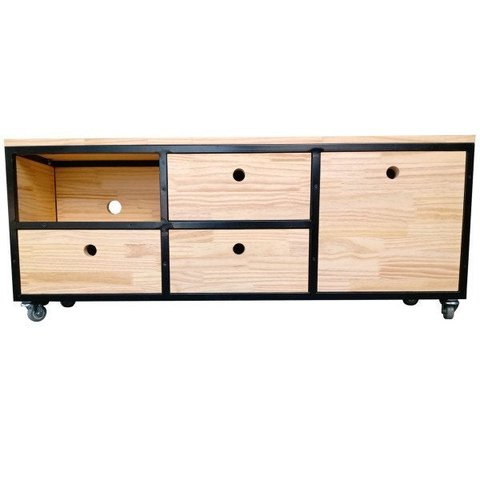 Rack Industrial com 4 Gavetas e 1 Nicho - Ferro Preto Eletrostático e Madeira Pinus Marítimo