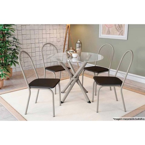 Sala de Jantar Completa Volga C/ Tampo de Vidro 95x95cm e 4 Cadeiras Noruega Niquel - Preto -