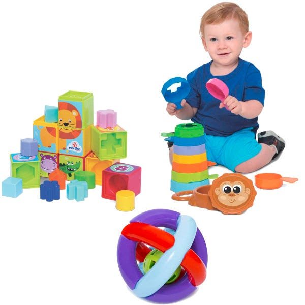 Kit de Brinquedos Educativos Cubinhos + Empilha + Bola