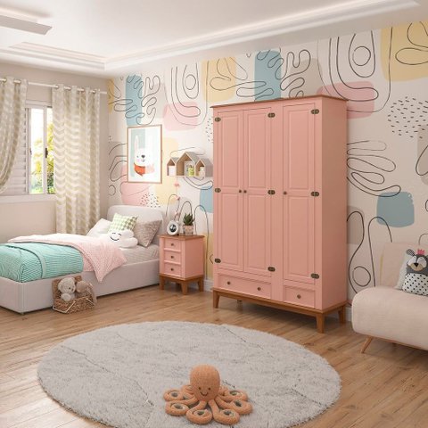 Mesa de Cabeceira Rústica Madeira Maciça 3 Gavetas Rosa - Apaixone & Decore
