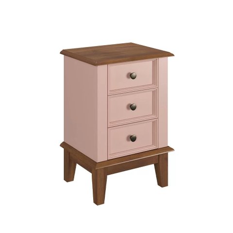 Mesa de Cabeceira Rústica Madeira Maciça 3 Gavetas Rosa - Apaixone & Decore