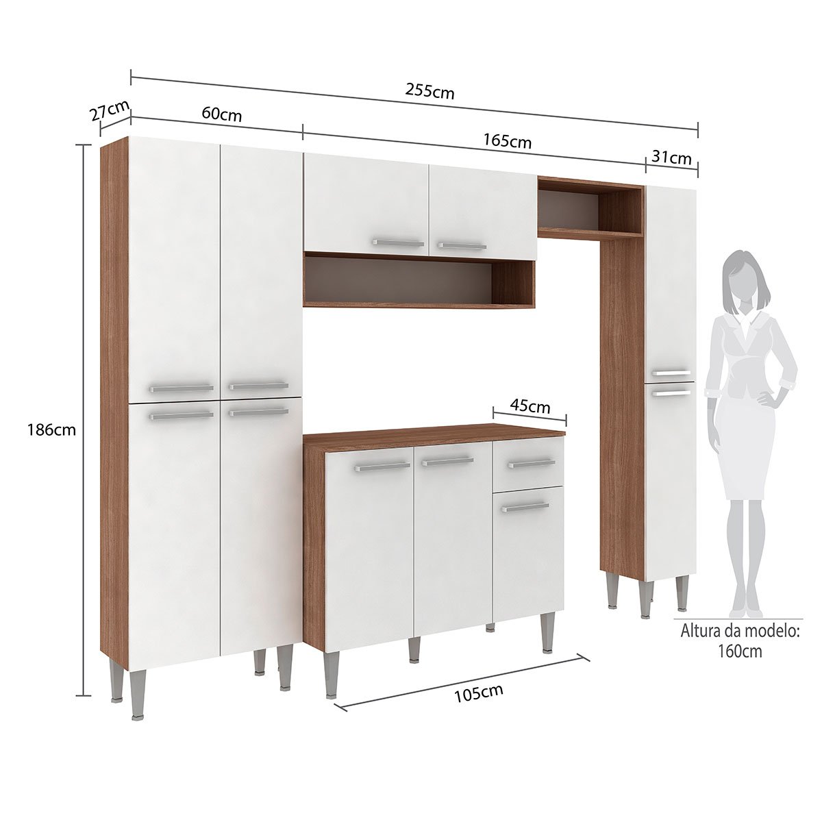 Cozinha Modulada Completa Madri 256x186Cm 4 Peças 11 Portas 1 Gaveta ...