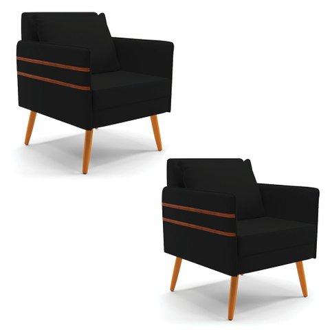 Kit 02 Poltronas Mari Linho Preto A79 Pés Palito Castanho - D’Rossi