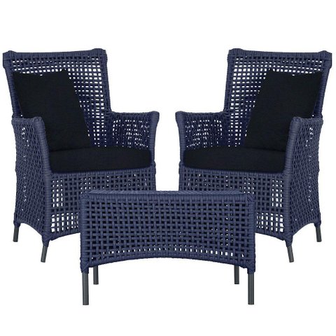 2 Poltronas e 1 Mesa Igapó Alumínio Preta Corda Náutica E12 Azul