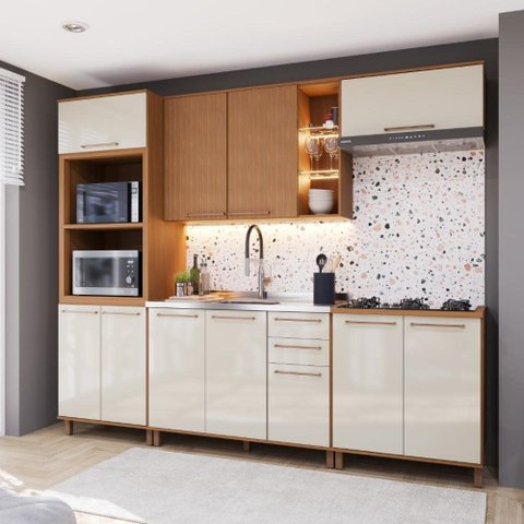 Armário de Cozinha Modulada Completa Fidelitá Berlim 5 Peças 270cm 11 Portas 2 Gavetas sem Tampo
