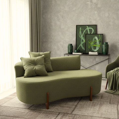 Sofá Orgânico 2 Lugares c/2 Almofadas Curvo Sala Recepção Boucle Verde Oliva - Montanaris Decor