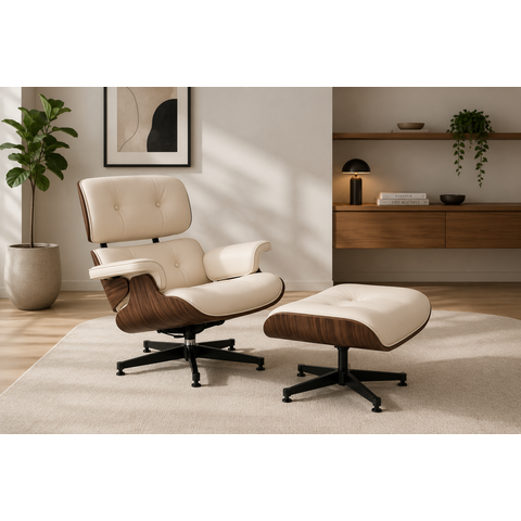 Poltrona Charles Eames com Puff - Couro Branco - Imbuia