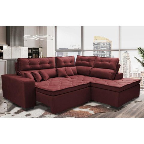 Sofá de Canto 2.60x2.36m Retrátil e Reclinável com Molas Cama inBox Platinum Direito Suede Vinho