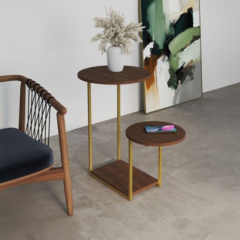 Mesa Lateral Industrial Dourado Ferro Tampo Redondo Amêndoa