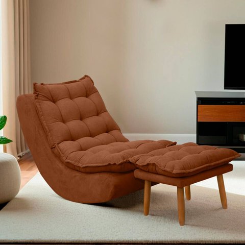 Kit Poltrona Decorativa Melissa com Balanço Gangorra Estofada e Puff em Bouclê:bouclê Terracota