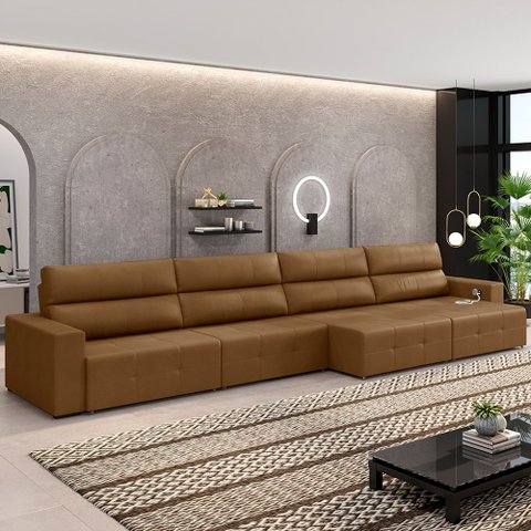 Sofá Retrátil 6 Lugares 364cm 4 Módulos Nero com USB Couro Caramelo G52 - Gran Belo