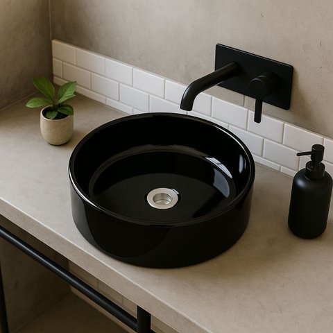 Cuba Apoio Banheiro Lavabo Redonda Oval 40cm Preta Brilho Brilhante Pia Moderna Estilo Industrial