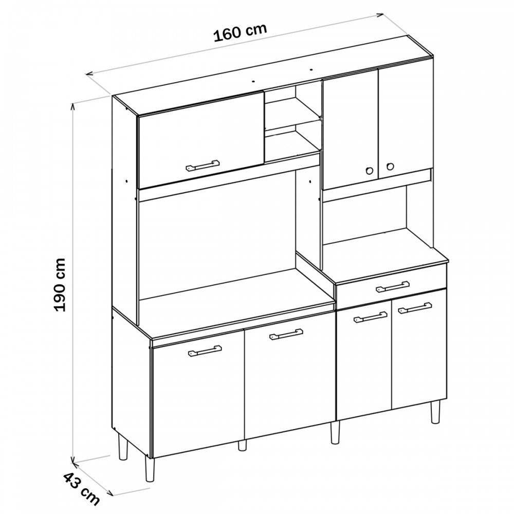 Armário Cozinha Kit Nicioli Alecrim Chumbo/ Concreto/ Ripado cinza