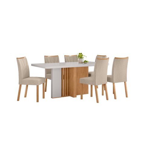 Conjunto Sala de Jantar Mesa Astrid 170 Tampo Vidro Maxi Off com 6 Cadeiras Téssera - Lopas Amendoa 