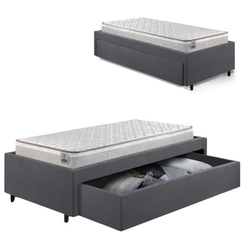 Base Box Cama Solteirão Sapateira Suede Cinza e Colchão Hanover Inducol 96x203