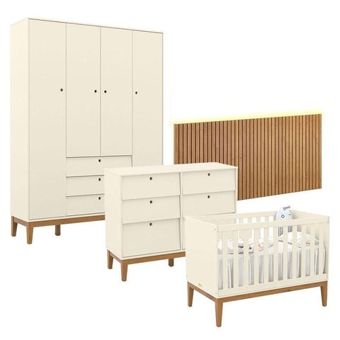 Quarto de Bebê Unique 4 Portas com Cômoda 6 Gavetas e Painel Ripado com Led Off White Eco Wood - Mat