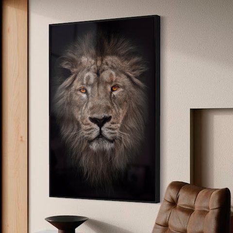 Quadro Decorativo Leão Africano em Moldura Caixa Tacolado Moldura Trad 1cm Branca com Vidro 40 X 60c