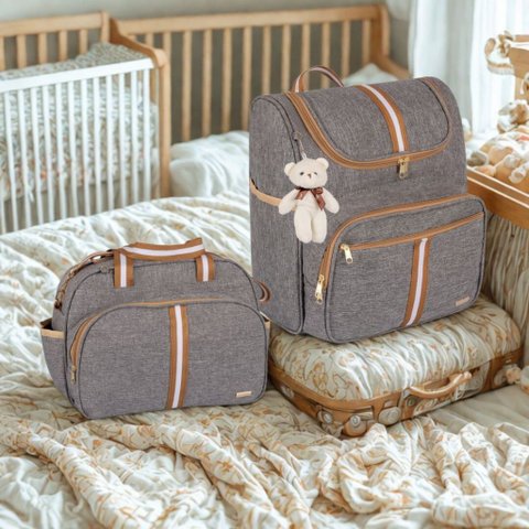 Kit Bolsa Maternidade 2 Peças com Mochila 2 em 1 Faixa Luxo Amor:bege