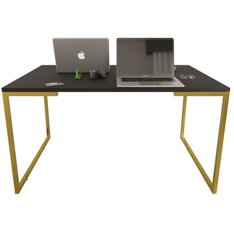 Mesa de Escritório Base Metal Dourado Tampo Preto 90 Cm