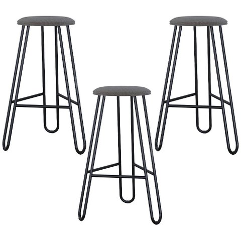 Kit 03 Banquetas Baixa Bar Cozinha Sala de Jantar Áris C01 Preto Linho Fendi Cinza - Lyam Decor