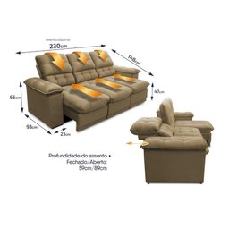 Sofá Retrátil Reclinável Atenas 2,30m Suede Velut Bege c/ Molas no Assento - King House - 2