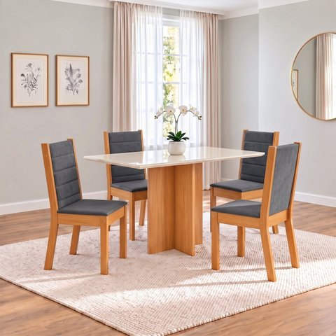 Conjunto Sala de Jantar Mesa Lana 120cm Tampo MDF Vidro Canto Reto 4 Cadeiras Evelin
