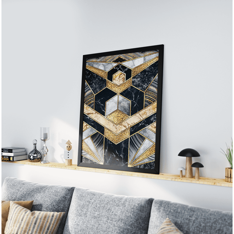 Kit 3 Quadros Moldura Preta 30x40cm Geométrico Preto Dourado