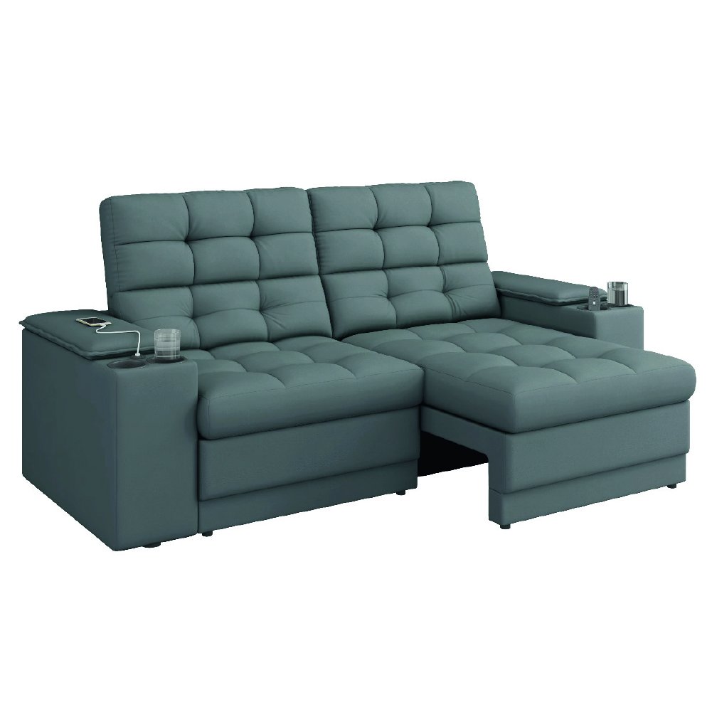 Sofá Retrátil e Reclinável 2,05m 3 Lugares com Porta Copos Entrada Usb Kansas Veludo Cinza Luizzi