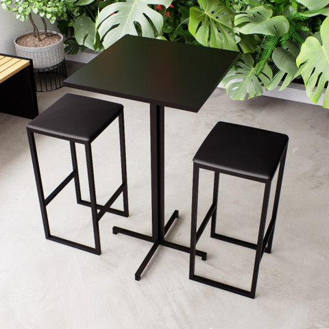 Conjunto Mesa Alta Bar Bistrô Quadrada Preta 2 Bancos Estofado Don Castro Decor