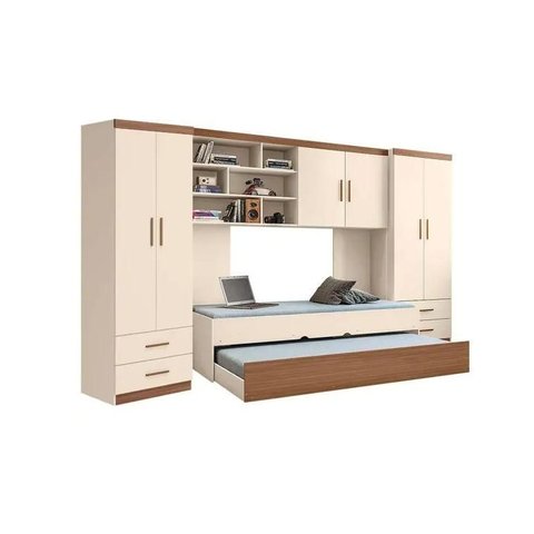 Quarto Infantil Chiara 2 Guarda Roupa de 2 Portas + Modulo Aéreo + Cama + Auxiliar Off White
