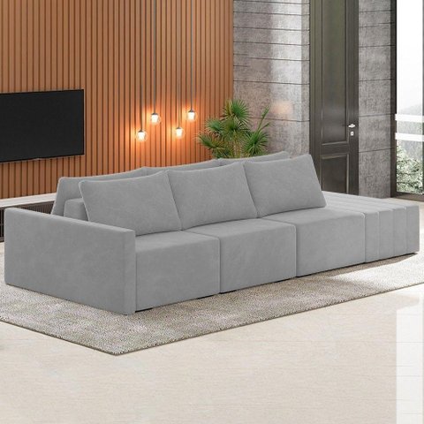 Sofá Ilha Modular com Puff para Sala Living 312cm Georgia K04 Veludo Cinza - Mpozenato