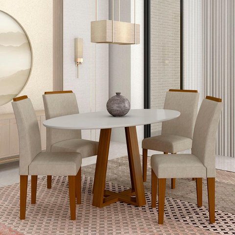 Mesa Oval com 4 Cadeiras Montana 1,36 Cin/off/bege - Móveis Arapongas Cinamomo/off White/bege 03