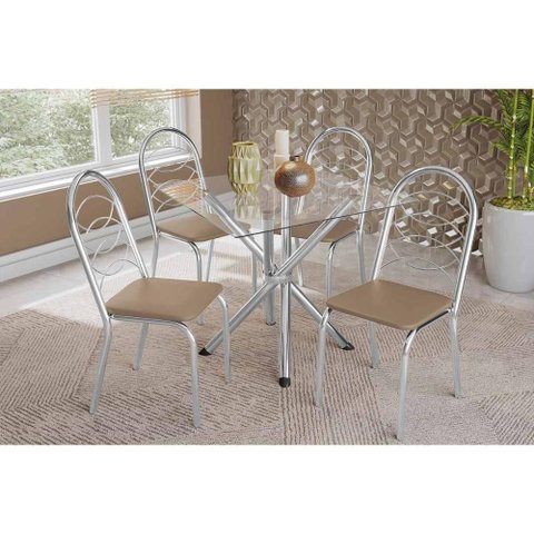 Sala de Jantar Completa Volga C/ Tampo de Vidro 90cm e 4 Cadeiras Holanda Cromada - Courano Bege -