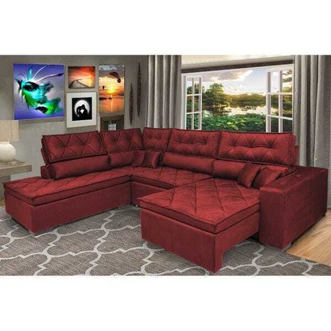 Sofá de Canto Retrátil e Reclinável com Molas Cama Inbox Platinum Esquerdo 3.00M x 2.36M Suede Vermelho