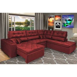Sofá de Canto Retrátil e Reclinável com Molas Cama Inbox Platinum 3.40x2.36 Tecido Suede Vermelho