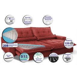Sofá Retrátil e Reclinável 2,32m com Molas Ensacadas Cama Inbox Soft Tecido Suede Vermelho - 3