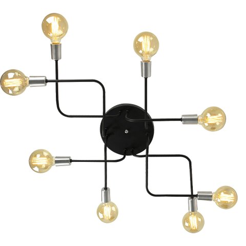 Lustre Plafon Hashtag Preto Com Escovado De 8 Braços