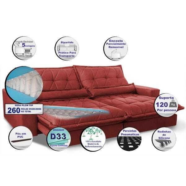 Sofá Retrátil e Reclinável 2,52m com Molas Ensacadas Cama Inbox Soft Tecido Suede Vermelho - 3